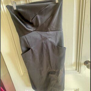 Strapless, knee-length, black cocktail dress